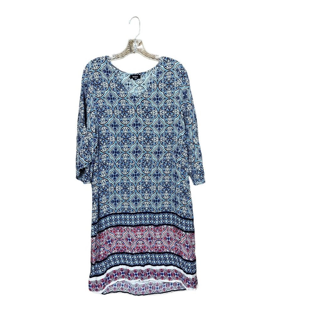 Blue Patterned Midi Dress with Pink Border - Unbranded